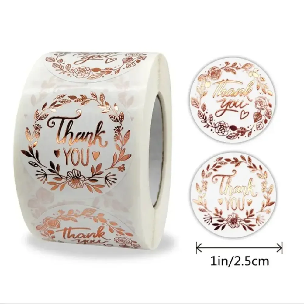 1 Roll of 500 Thank You Rose Gold Foil Floral Stickers Labels